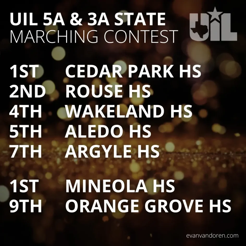 Evan VanDoren Marching Band Shows Music Composer Arranger US Bands Bands of America UIL University Scholastic League State Marching Contest
